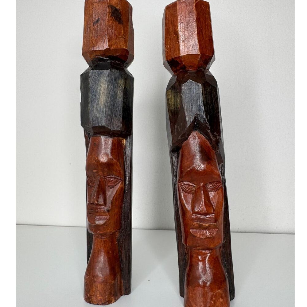 Vintage Hand Carved Solid Wood Tribal Bust Sculpture Pair African Folk Art Decor